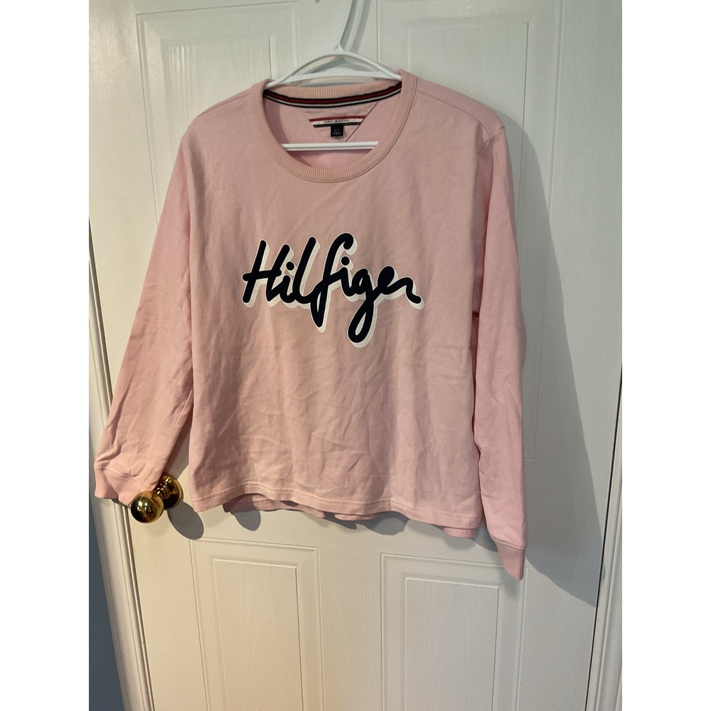 Tommy Hilfiger Sweatshirt Womens L Pink Excellent Long Sleeve Script Logo Crew